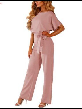 Women's Batwing Short Sleeve Belted Wide Leg Jumpsuit Long Pant Romper